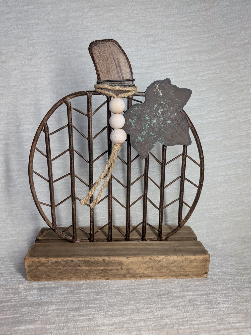 Rustic Brown Metal & Wood Pumpkin Table Accent 8.5" Tall Good All Autumn